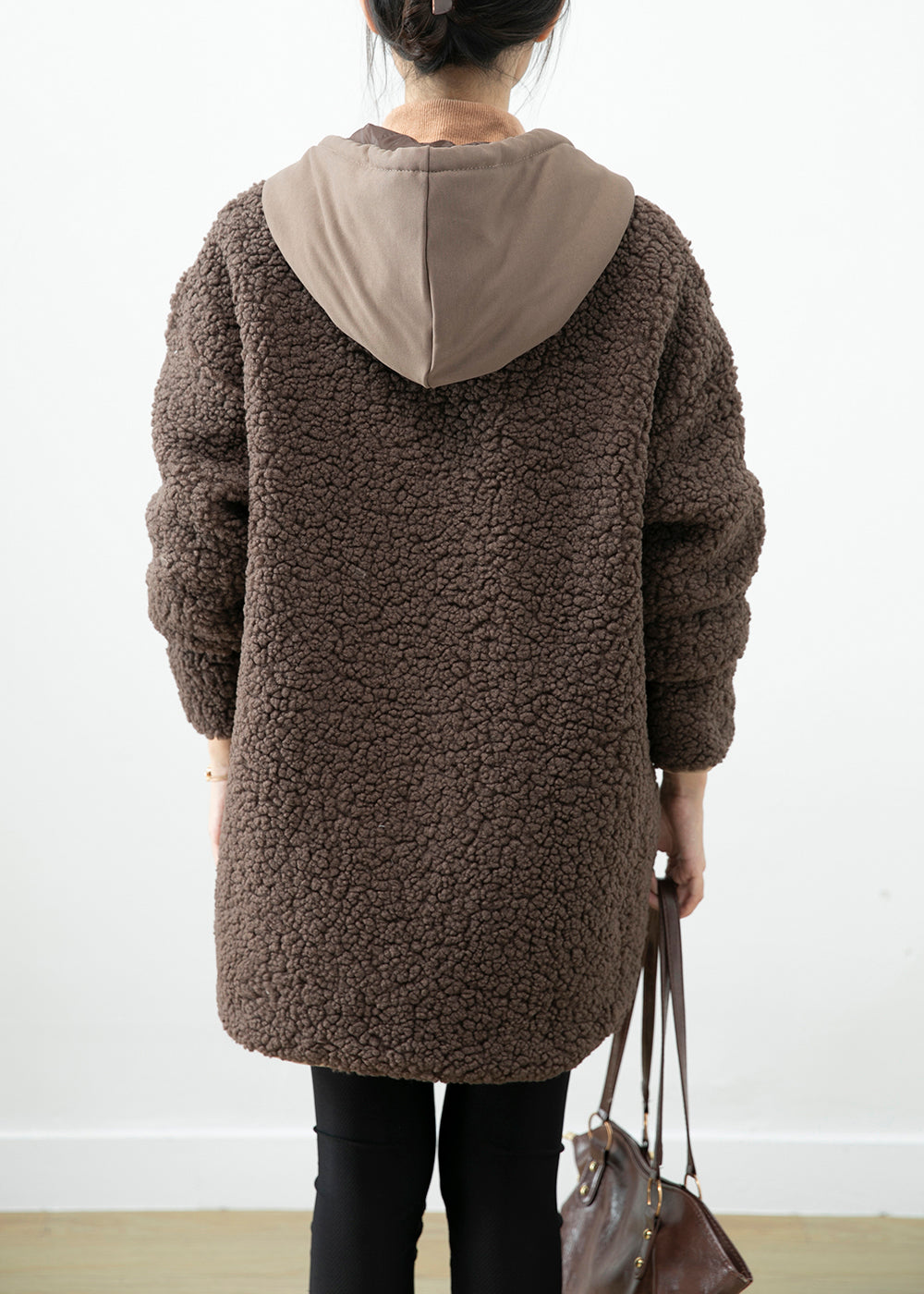 Chocolate Hooded Patchwork Pockets Teddy Faux Fur Coats Winter