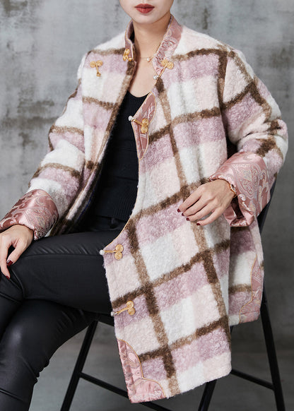 Pink Plaid Fine Cotton Filled Woolen Chinese Style Coats Spring