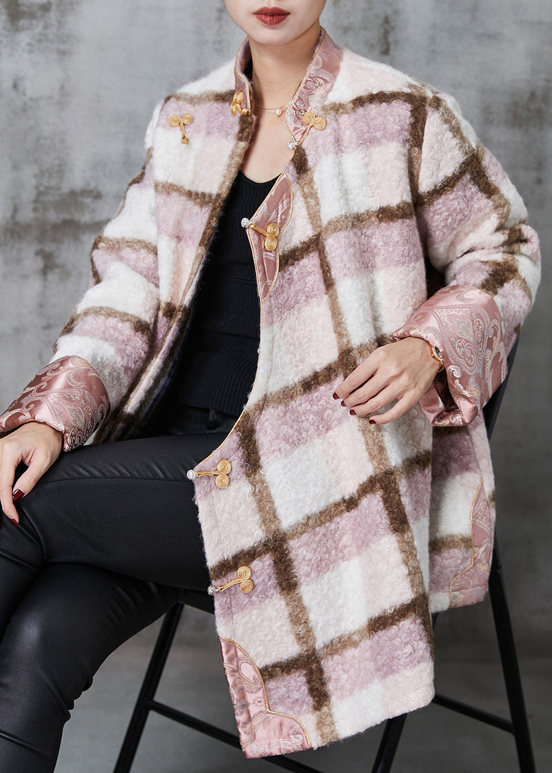 Pink Plaid Fine Cotton Filled Woolen Chinese Style Coats Spring