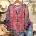 Women's Retro Ethnic Totem Art Pattern Print Casual Ruffle Sleeve Top