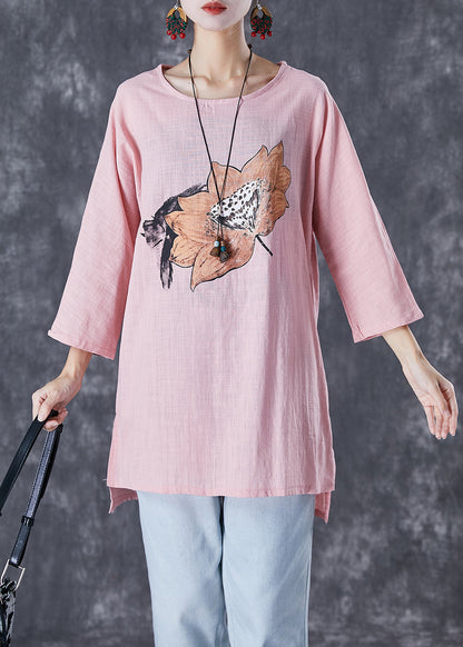 Pink Asymmetrical Print Linen Blouse Tops Fall