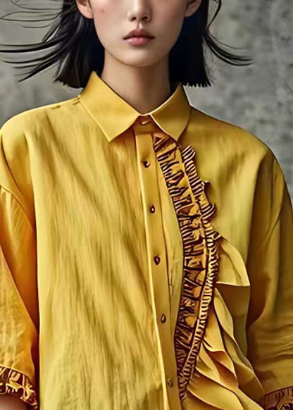 Yellow Ruffled Button Linen Shirt Butterfly Sleeve