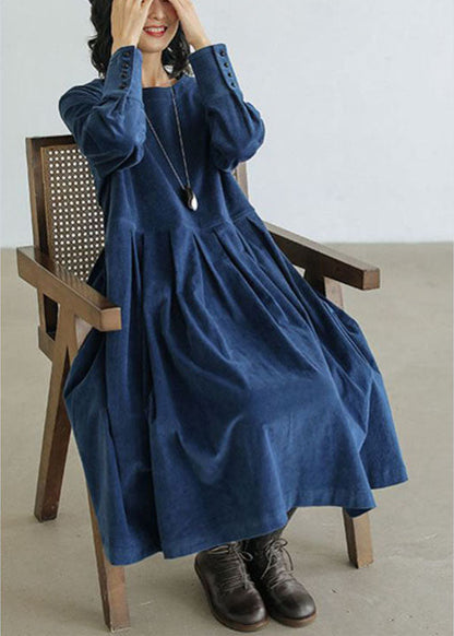 French Blue Corduroy Dress Pockets Button Patchwork Fall Dresses