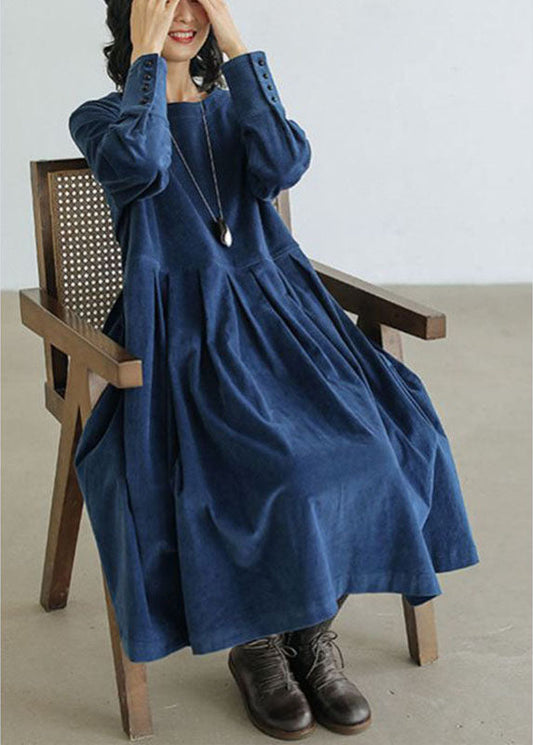 French Blue Corduroy Dress Pockets Button Patchwork Fall Dresses