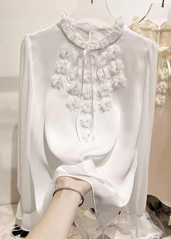 Apricot Ruffled Lace Up Chiffon Shirt Long Sleeve Spring