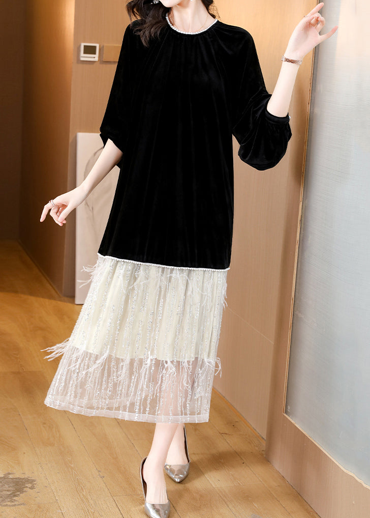 Loose Black Pearl Pockets Patchwork Silk Velour Dresses Spring