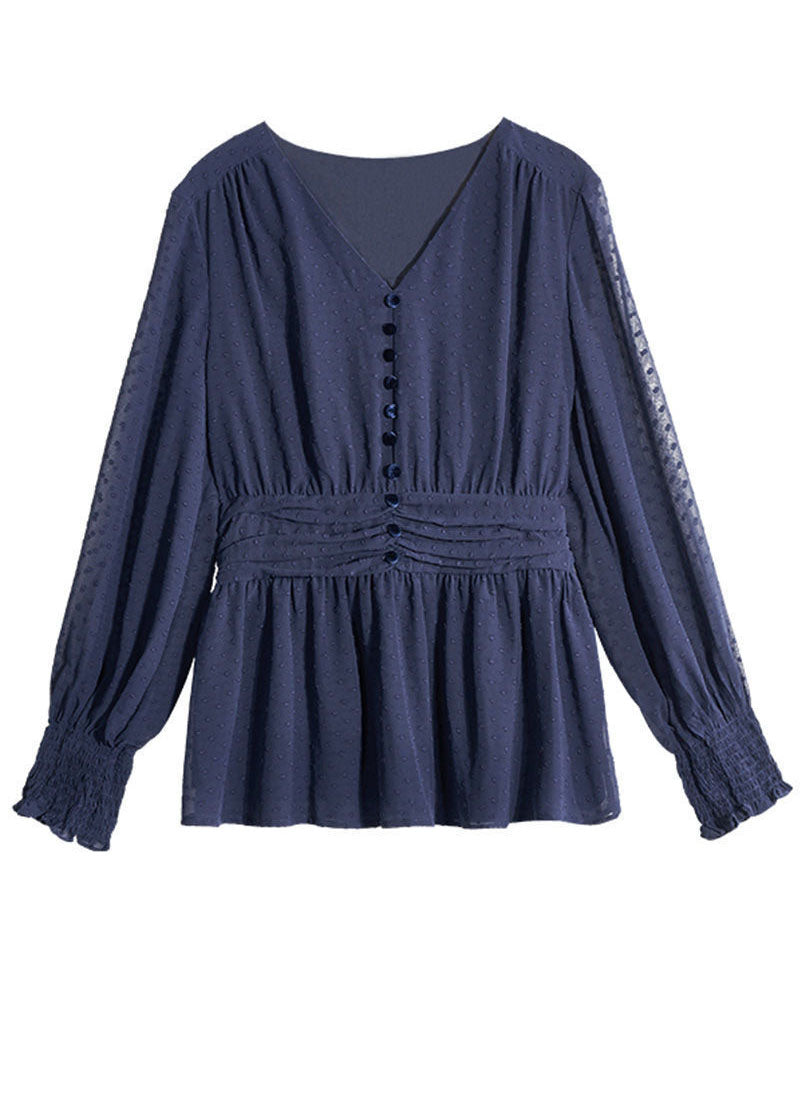 Blue V Neck Dot Button Chiffon Cinch Shirts Long Sleeve