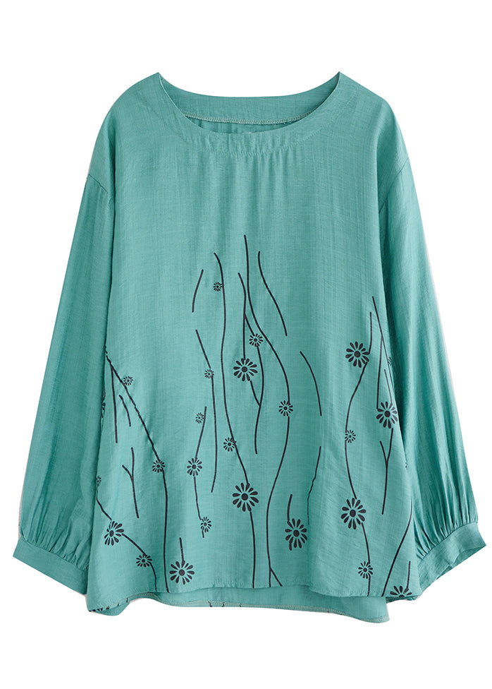 Loose Cyan O-neck Print Tops Long Sleeve