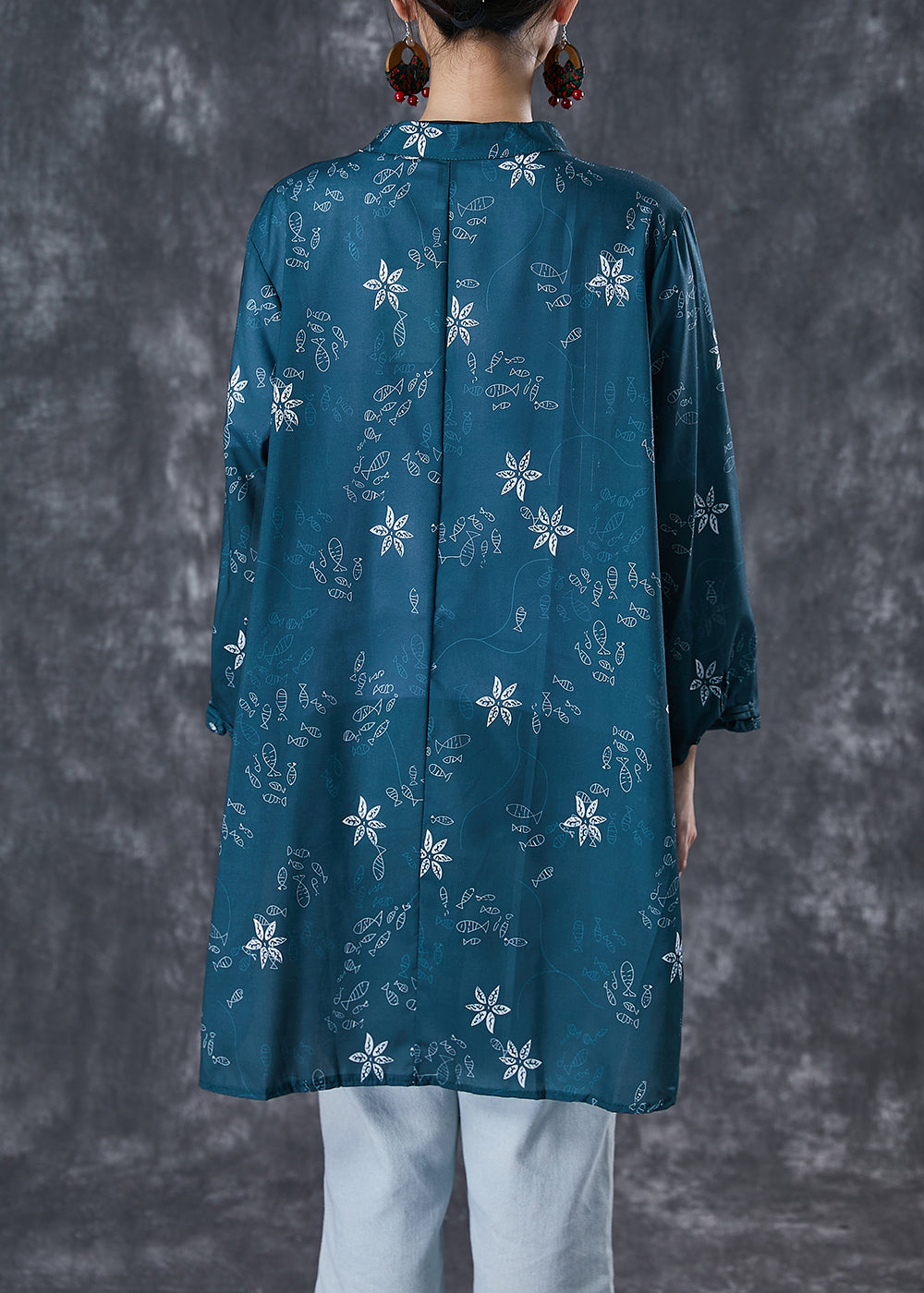 Blackish Green Print Chinese Button Cotton Shirt Fall