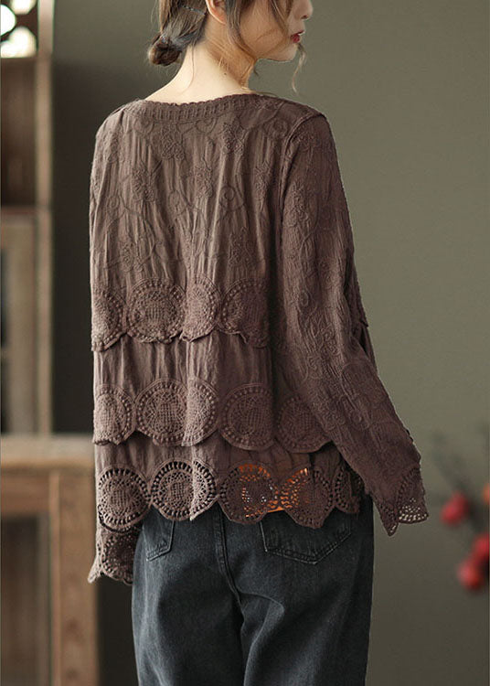 Chocolate Embroideried Hollow Out Fall Long Sleeve Shirt Tops