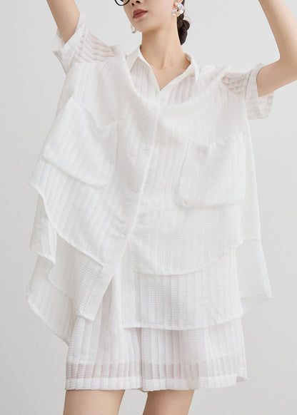 New White Peter Pan Collar Striped Cotton Two Piece Suit Set Summer