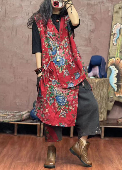 Red Asymmetrical Print Patchwork Cotton Waistcoat Sleeveless