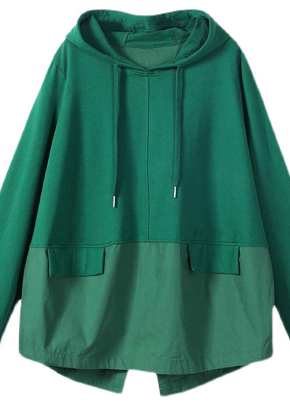Green Patchwork Drawstring Hooded Sweatshirts Long Sleeve