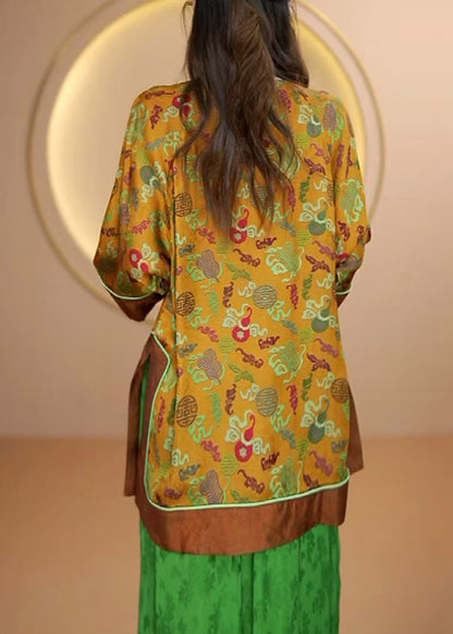Yellow O Neck Print Oriental Button Silk Shirts Fall
