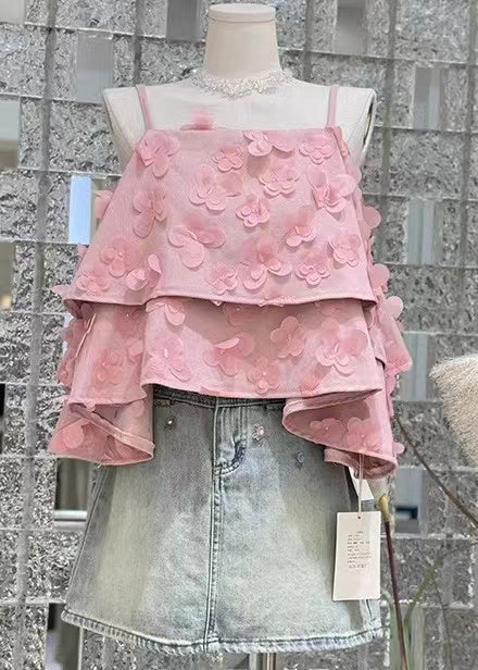 New Pink Butterfly Denim Strap Tank Top Summer