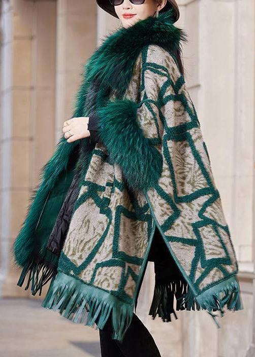 Green Fox Collar Pockets Leather and Fur Coat Long Sleeve
