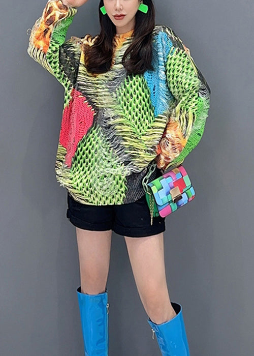 Unique Green O-neck Hollow Out Patchwork Knit Top Fall