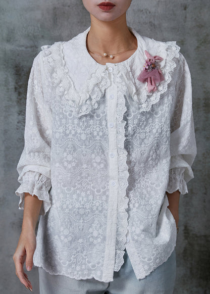 White Double-layer Embroidered Cotton Blouse Top Spring