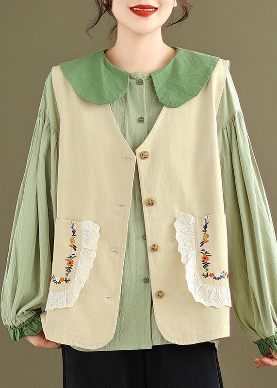 New Khaki Waistcoat and Green Ruffled Blouses Cotton 2 Piece Outfit Fall