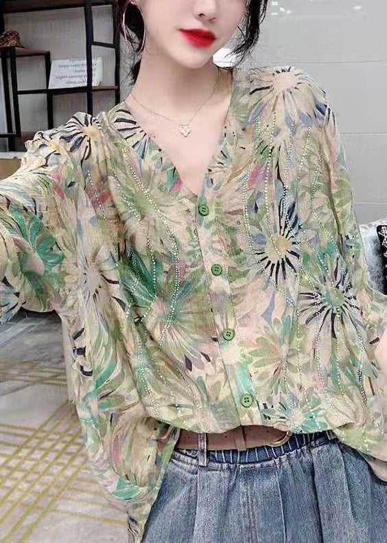 Green V Neck Button Diamonds Print Chiffon Shirt Top Short Sleeve