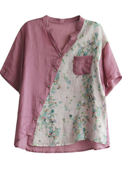 Pink Summer Print Patchwork Ramie Top