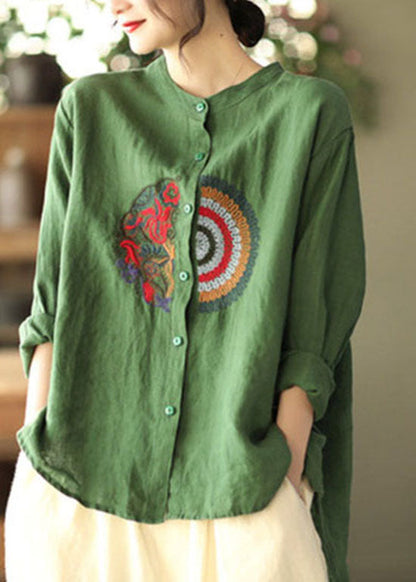 Green Embroideried Asymmetrical Design Linen Shirts Spring