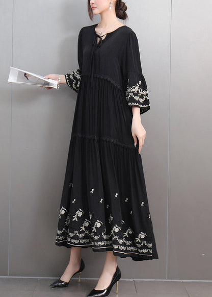 Black Lace Up Ruffled Cotton Long Dresses Embroidered Flare Sleeve Fall