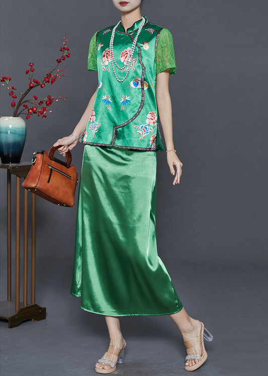 Green Embroidered Draping Silk Dresses Two Pieces Set Summer
