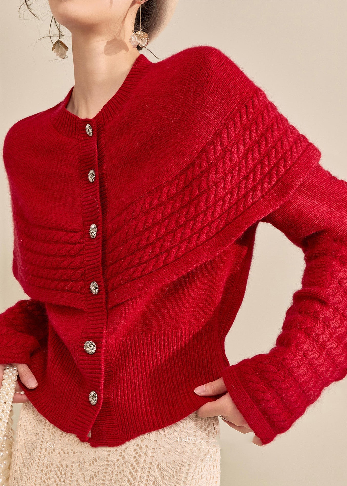 Vogue Red Button Shawl Fake Two Pieces Thick Cotton Knit Sweater Fall
