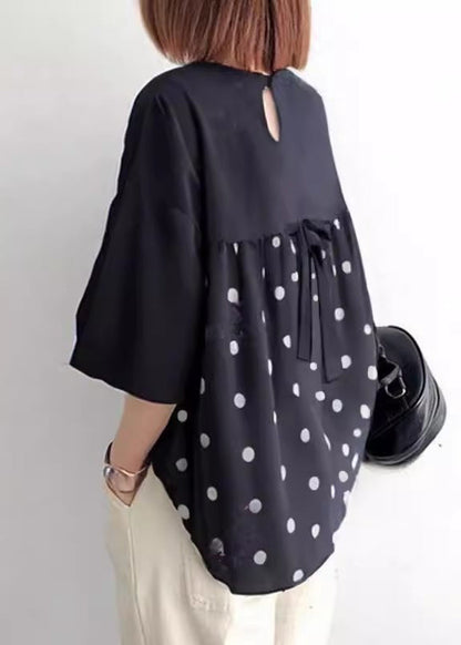 Black Oversized Patchwork Bow Cotton Shirt Tops Summer