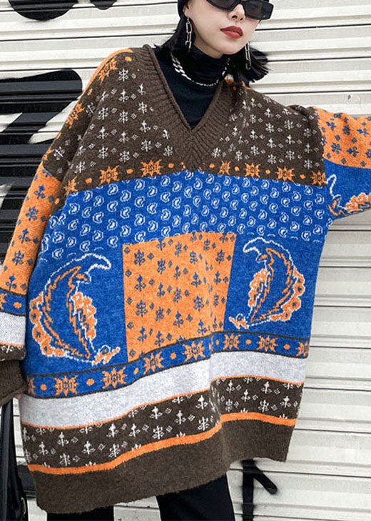 Khaki V Neck Print Loose Fall Knit Sweaters