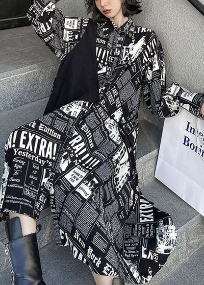 Black Low High Design Print Patchwork Satin Shirt Dress Spring