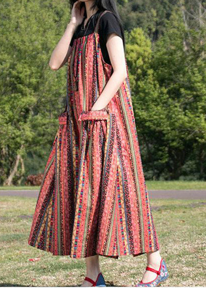 Red Slash Neck Maxi Striped Patchwork Spaghetti Dress Summer