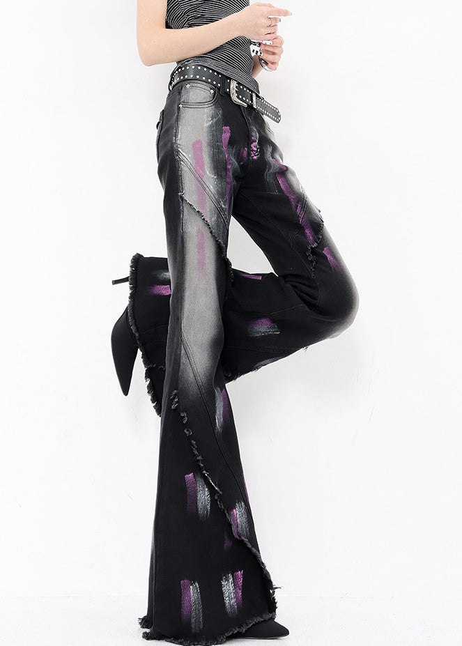 Black Graffiti Ruffled Patchwork Denim Flared Trousers Fall