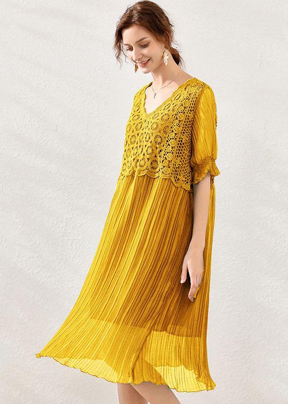 Fitted Yellow V Neck Hollow Out Spring Maxi Dress Short Sleeve