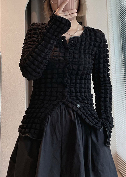 Slim Fit Black O-neck Button Cotton Top Fall