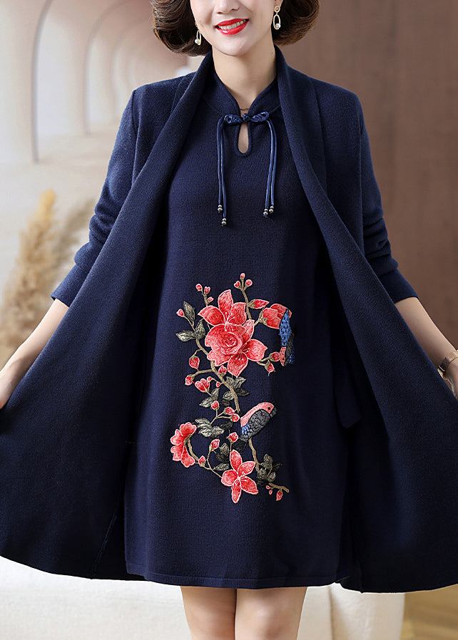 Black V Neck Button Woolen Cardigans and Mid Dress Two Pieces Set