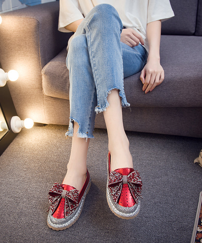 Red Bow Zircon Splicing Penny Loafers