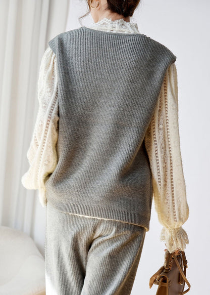 Grey V Neck Zircon Patchwork Knit Waistcoat Sleeveless