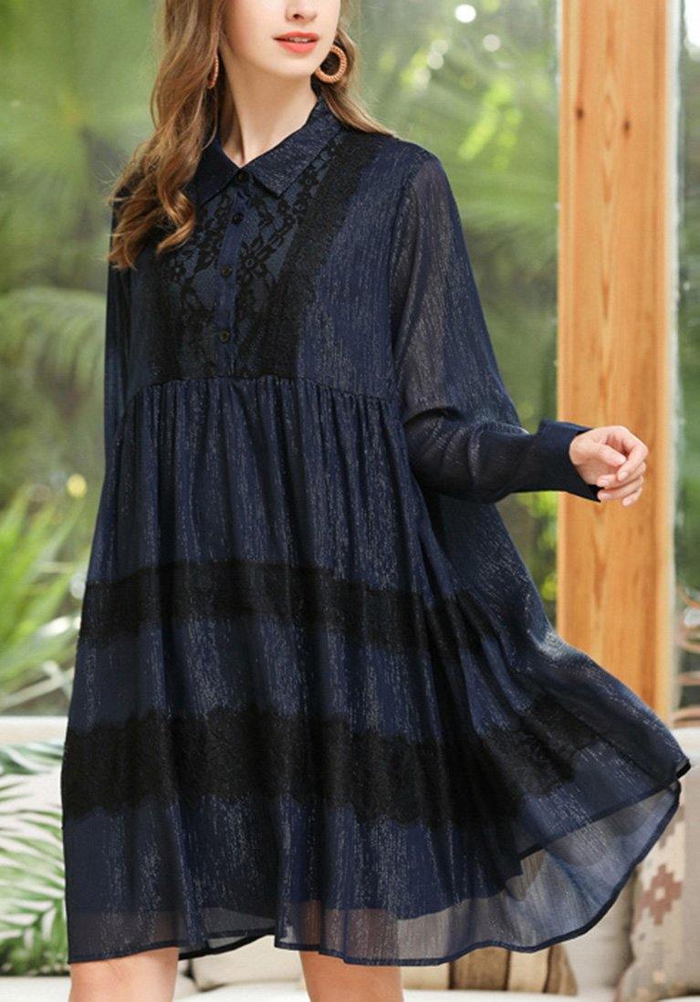 Navy Button Chiffon Patchwork Summer Dress