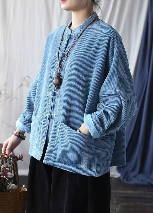 Blue Pockets Chinese Button Corduroy Jacket Spring