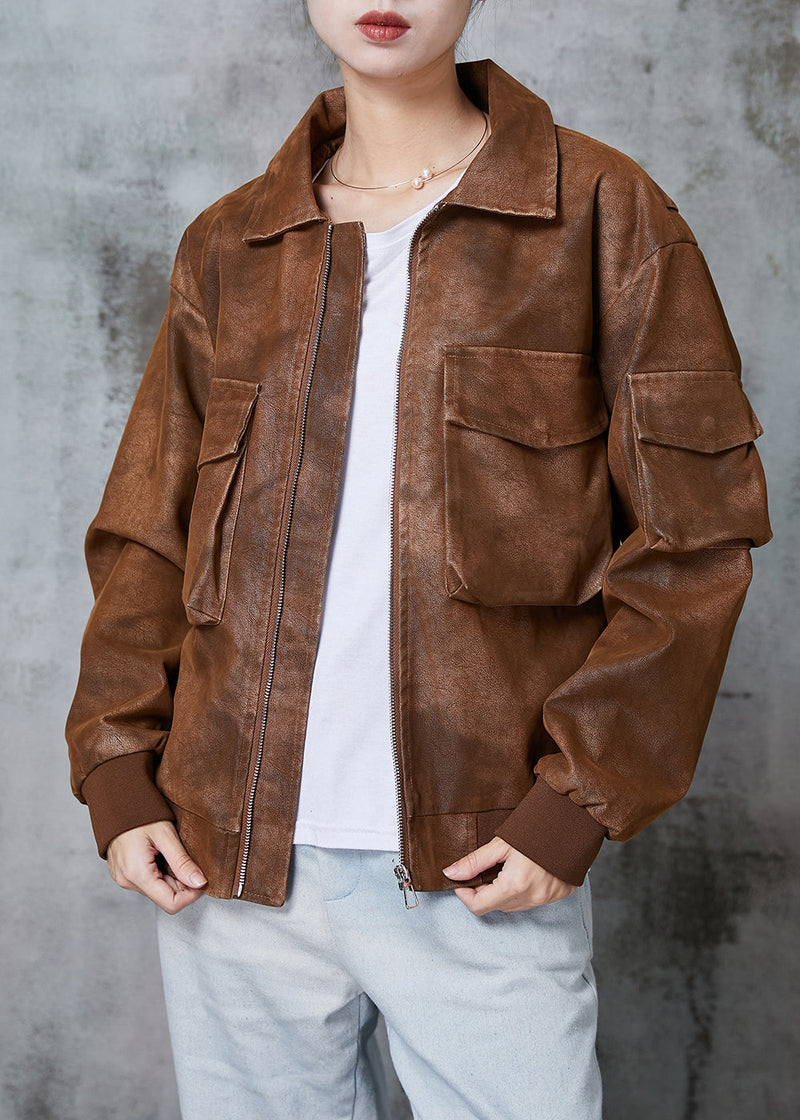 Diy Brown Oversized Pockets Faux Leather Coats Spring