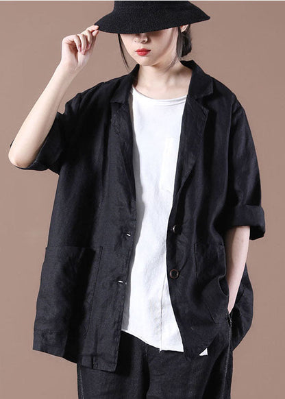 Black Pockets Linen Coat Peter Pan Collar Button Long Sleeve