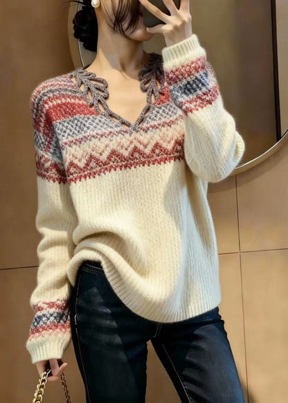 Beige V Neck Print Knitted Tops Spring