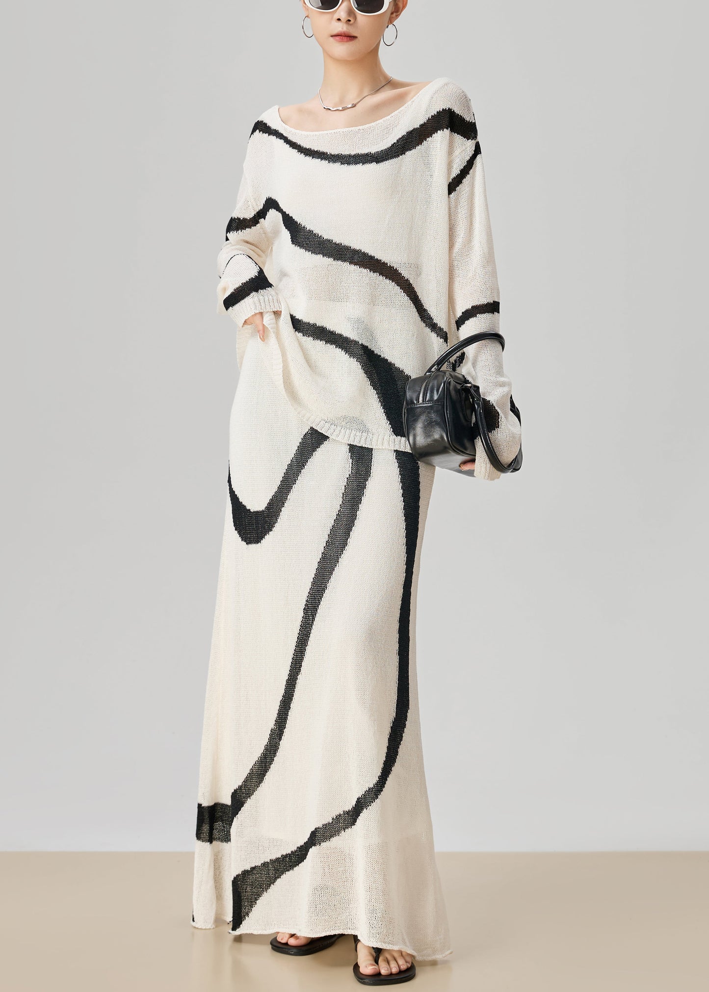 Boutique White Striped Tops and Skirts Knit Two Pieces Set Fall