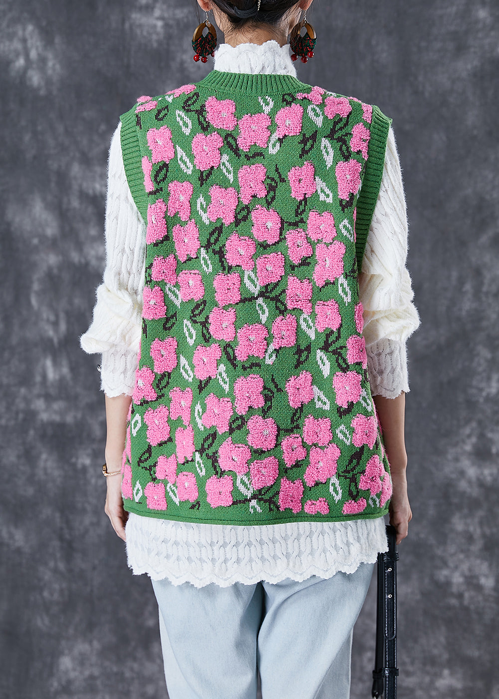 Stylish Green Jacquard Thick Knit Vests Fall