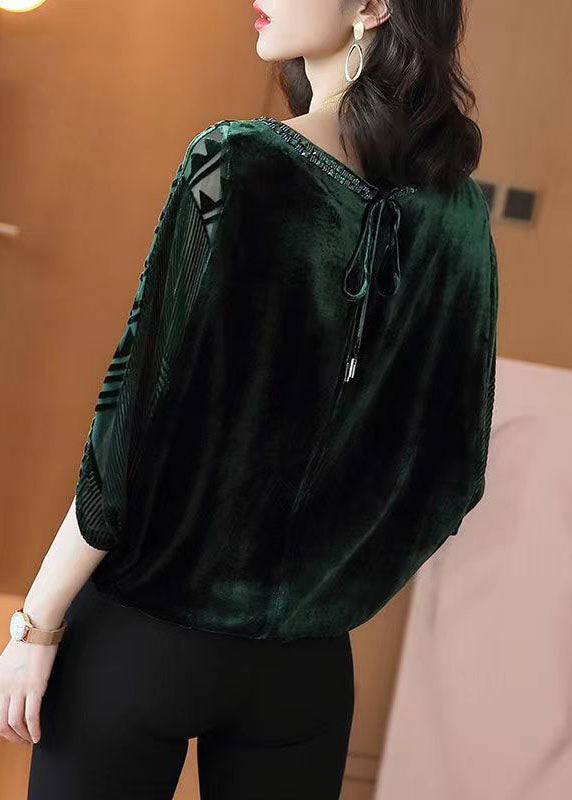 Blackish Green Zircon Patchwork Silk Velour Top Batwing Sleeve