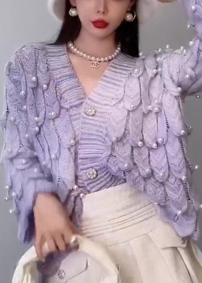 Pink Tie Dye V Neck Nail Bead Patchwork Knit Cardigan Fall