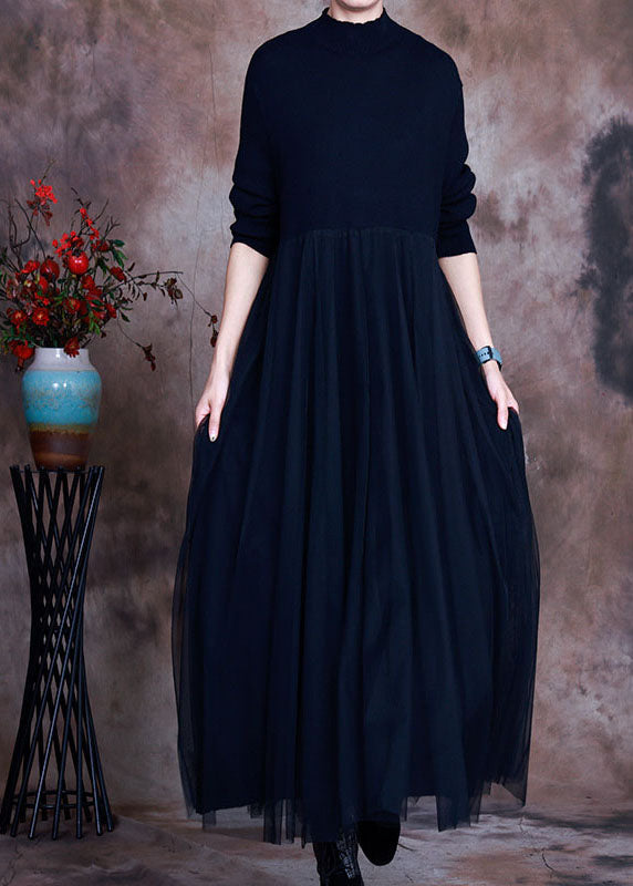 Black Tulle Patchwork Knit Dress Spring