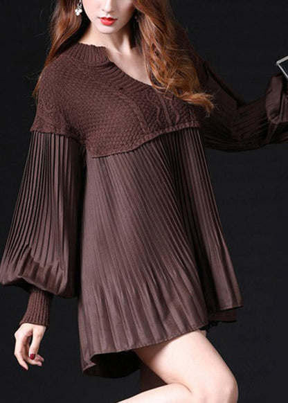 Simple Chocolate Ruffled Knit Knitted Tops Lantern Sleeve